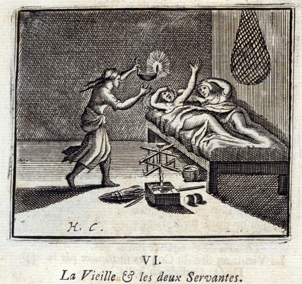 Den gamle Dame og de to Tjenere. Fabler af Jean de La Fontaine (1621-95). Illustration af François Chauveau (1613-1676). Udgave af 1728. af Francois Chauveau