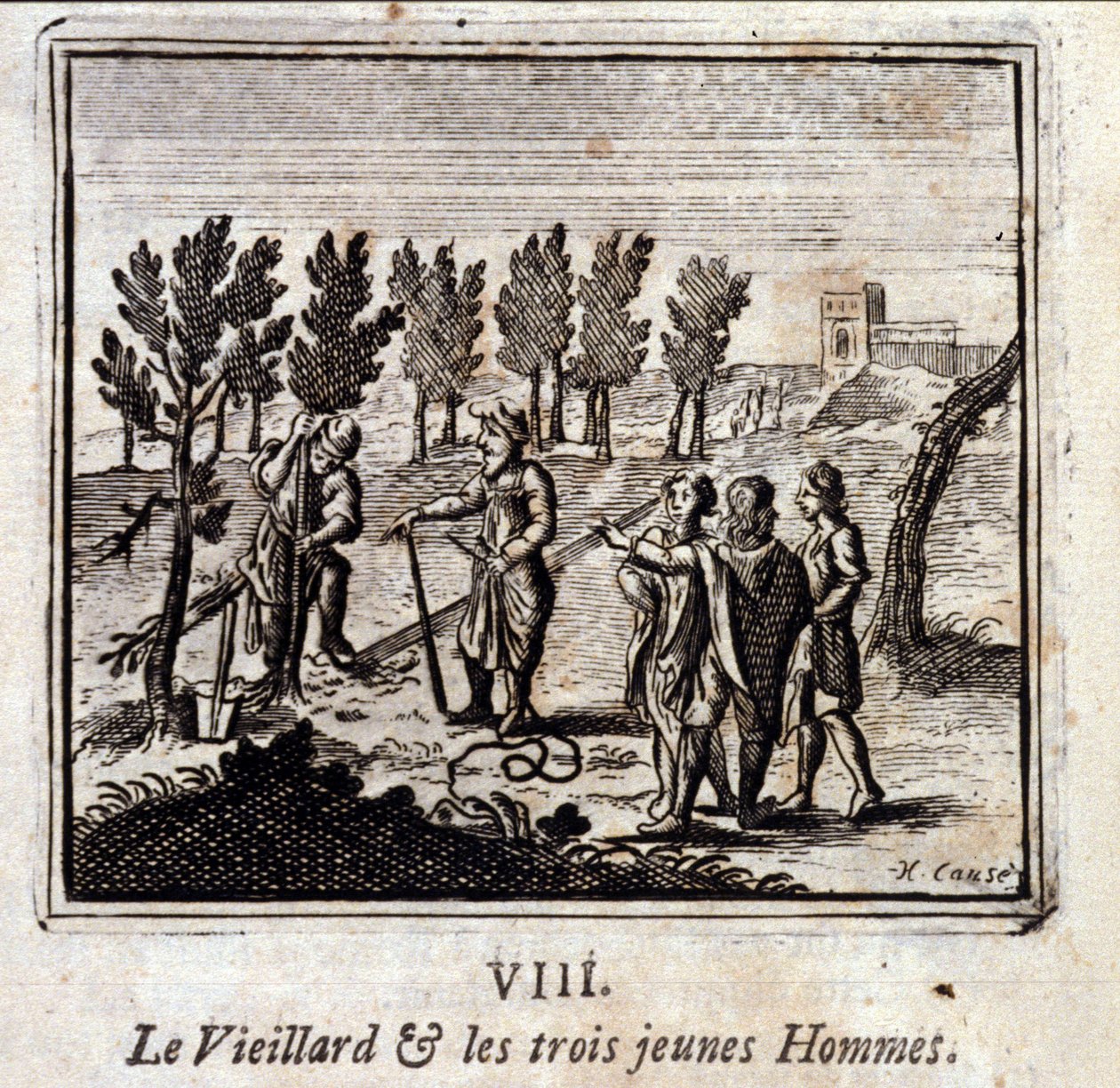 Den gamle mand og de tre unge mænd. Fabler af Jean de La Fontaine (1621-95). Illustration af François Chauveau (1613-1676). Udgave af 1728. af Francois Chauveau