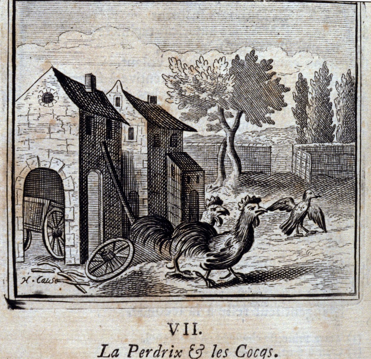 Hønsen og hanerne. Fabler af Jean de La Fontaine (1621-95). Illustrationer af François Chauveau (1613-1676). Udgave fra 1728. af Francois Chauveau