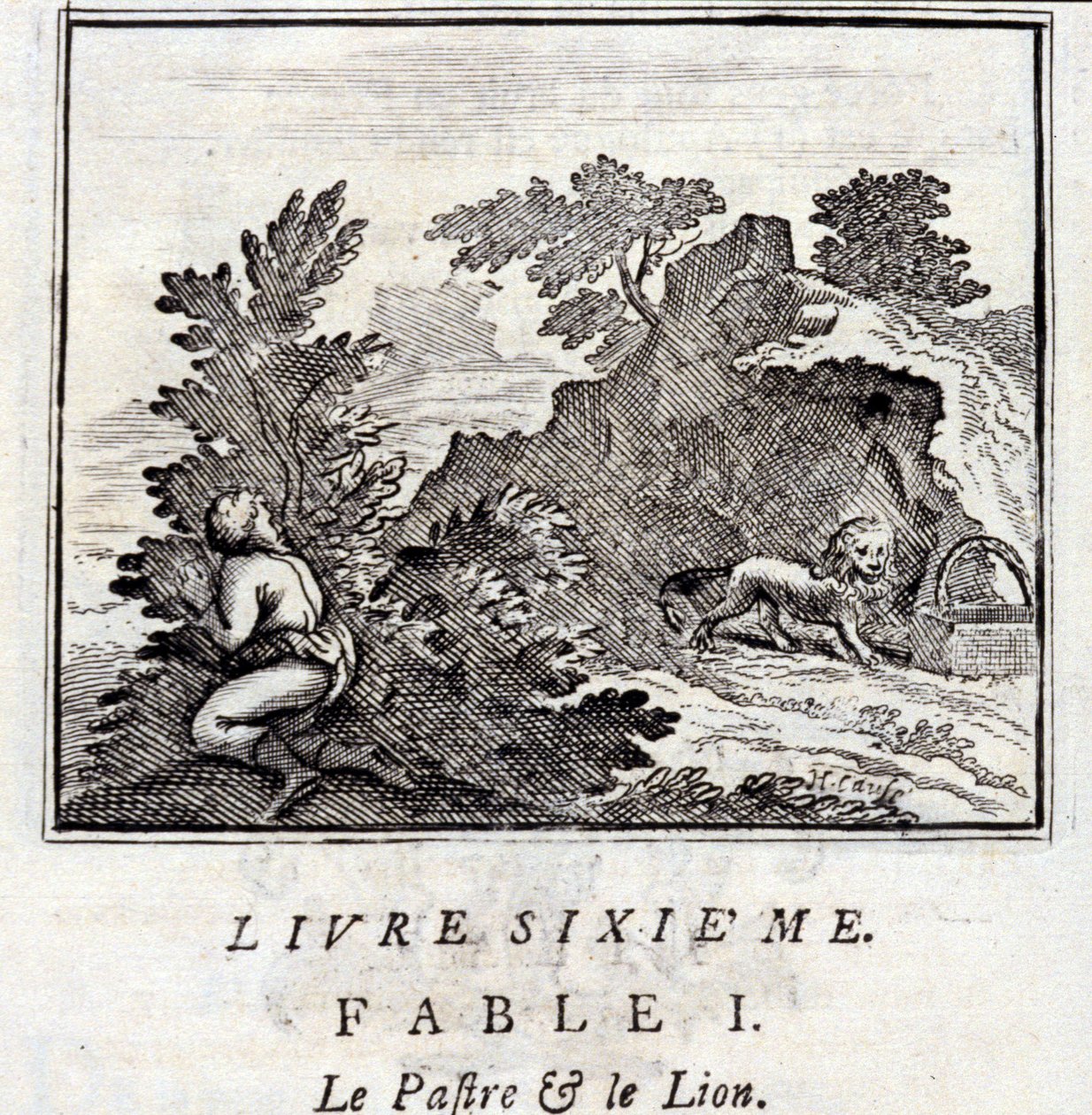 Patraen og Løven. Fabler af Jean de La Fontaine (1621-95). Illustration af François Chauveau (1613-1676). Udgave af 1728. af Francois Chauveau