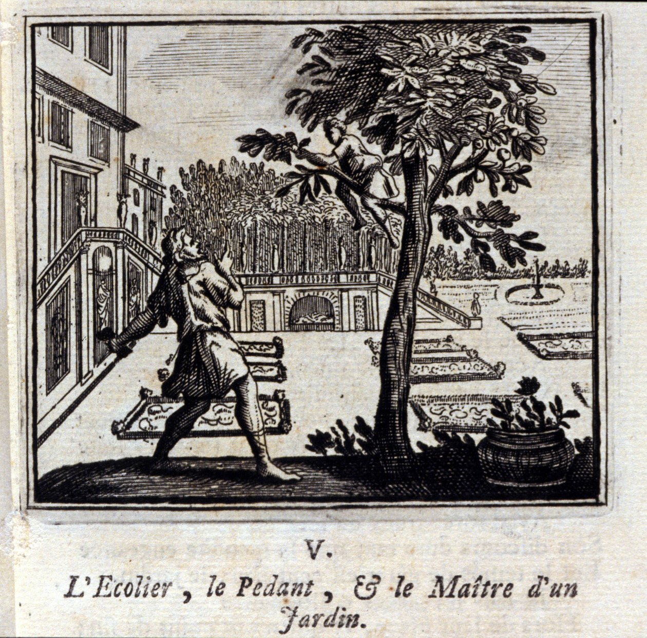 Pedantskolen og en havemester. Fabler af Jean de La Fontaine (1621-95). Illustration af François Chauveau (1613-1676). Udgave af 1728. af Francois Chauveau