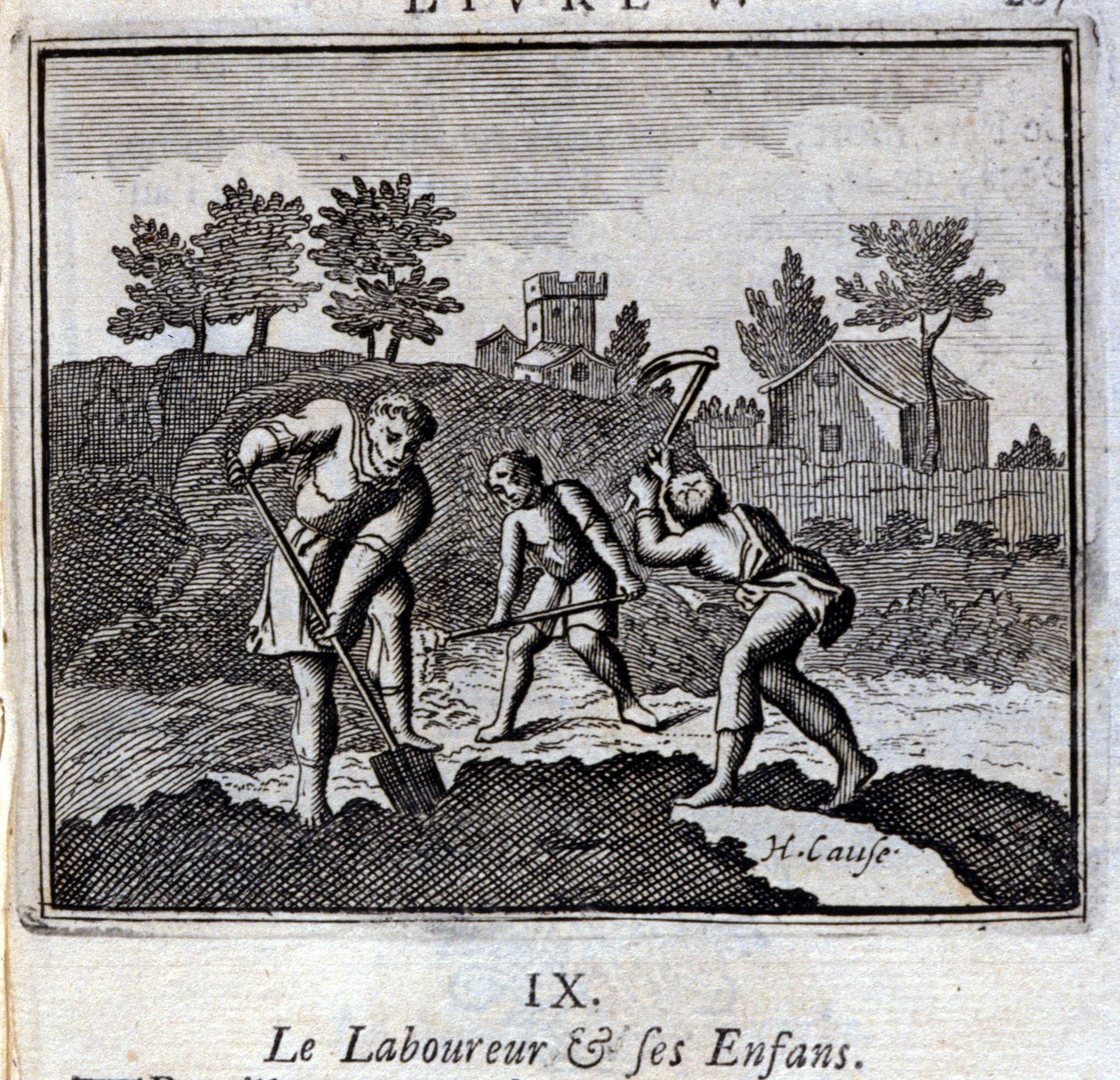 Ploureuren og hans børn. Fabler af Jean de La Fontaine (1621-95). Illustration af Francois Chauveau (1613-1676). Udgave af 1728. af Francois Chauveau