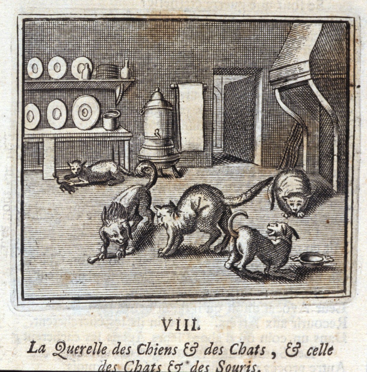 Hunde og kattes Querelle og katte og mus. Fabler af Jean de La Fontaine (1621-95). Illustration af François Chauveau (1613-1676). Udgave af 1728. af Francois Chauveau