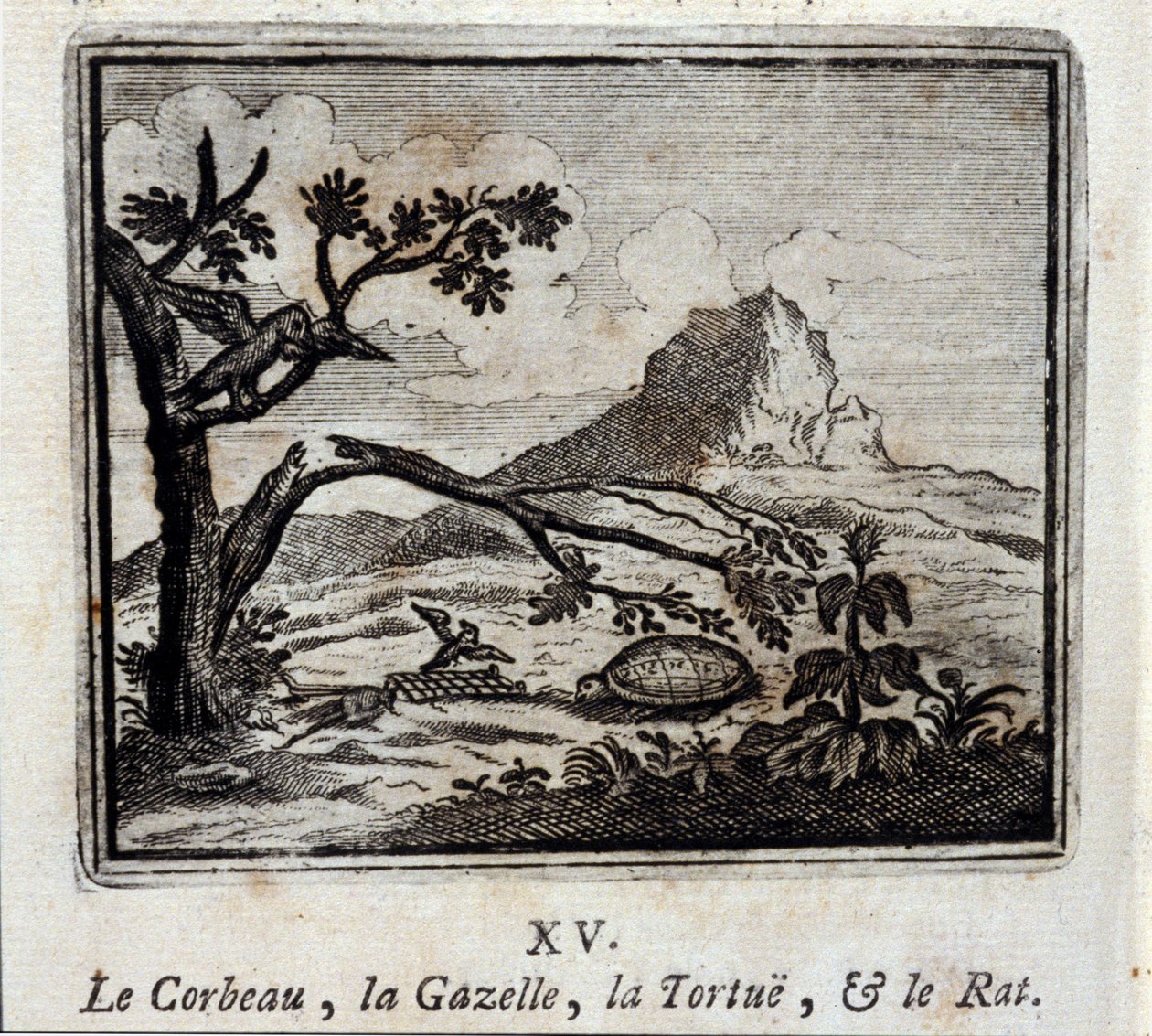 Ravnen, Gazellen, Skildpadden og Rotten. Fabler af Jean de La Fontaine (1621-95). Illustration af François Chauveau (1613-1676). Udgave af 1728. af Francois Chauveau