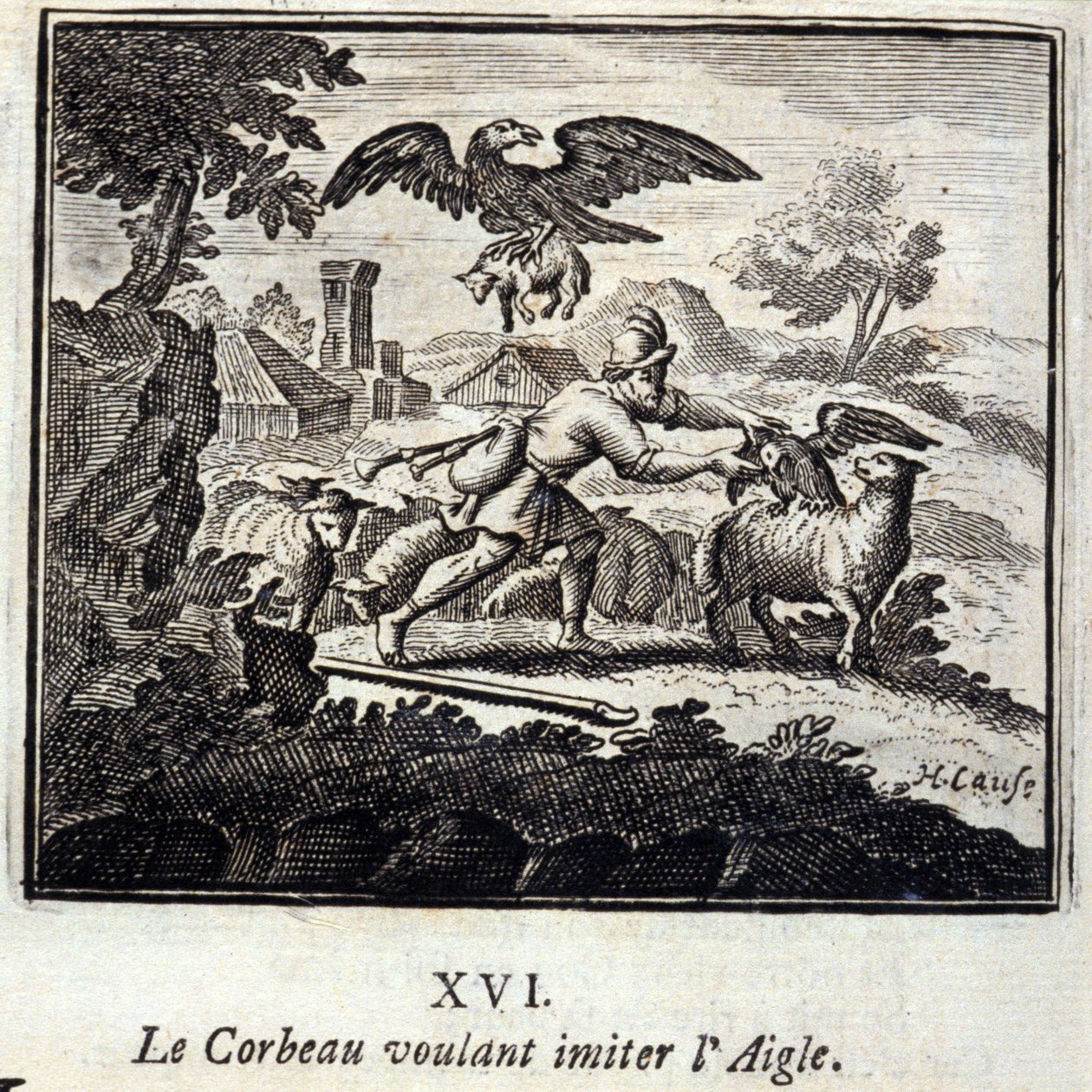 Ravnen ønsker at efterligne ørnen. Fabler af Jean de La Fontaine (1621-95). Illustration af François Chauveau (1613-1676). Udgave af 1728. af Francois Chauveau