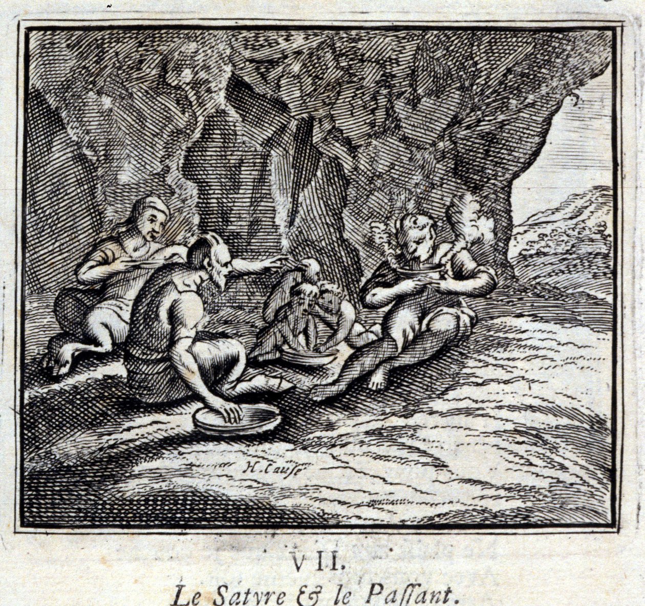Satyren og passageren. Fabler af Jean de La Fontaine (1621-95). Illustration af François Chauveau (1613-1676). Udgave af 1728. af Francois Chauveau