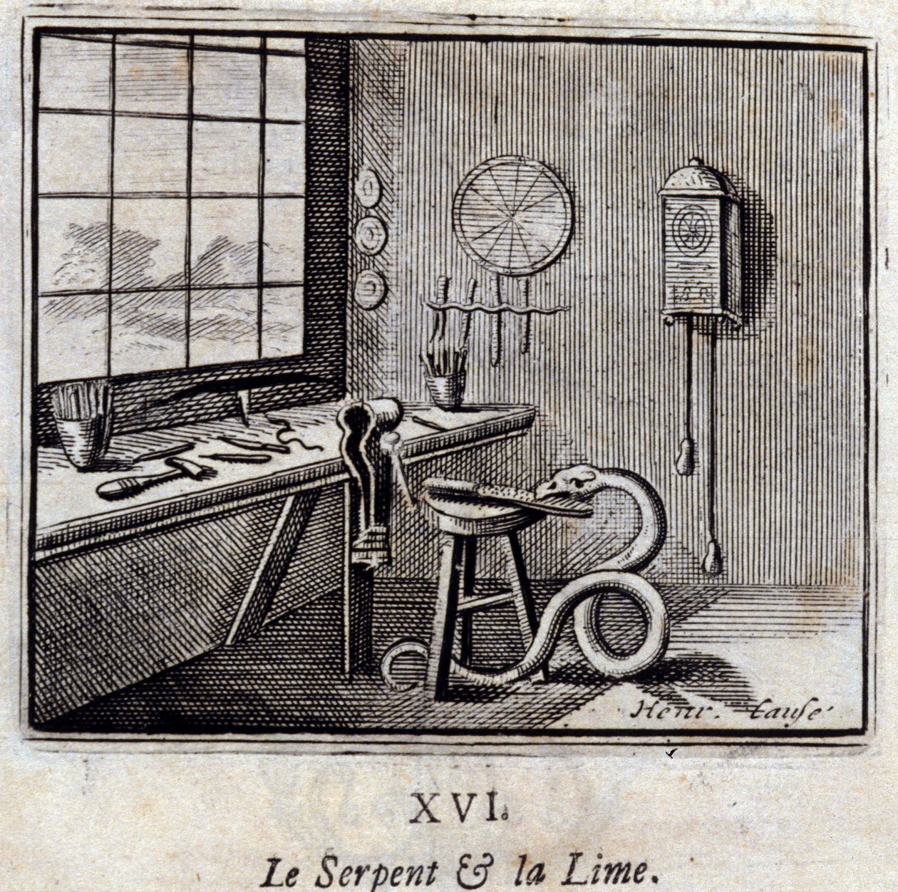 The Snake and the Lime.Fables af Jean de La Fontaine (1621-95). Illustration af Francois Chauveau (1613-1676). Udgave af 1728. af Francois Chauveau