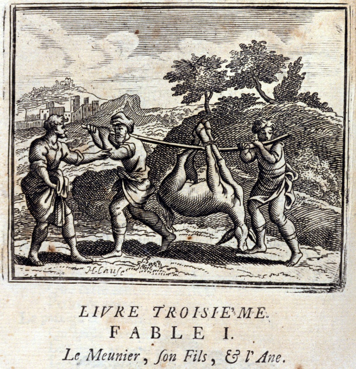 Sugeren hans søn og æslet. Fabler af Jean de La Fontaine (1621-95). Illustration af François Chauveau (1613-1676). Udgave af 1728. af Francois Chauveau