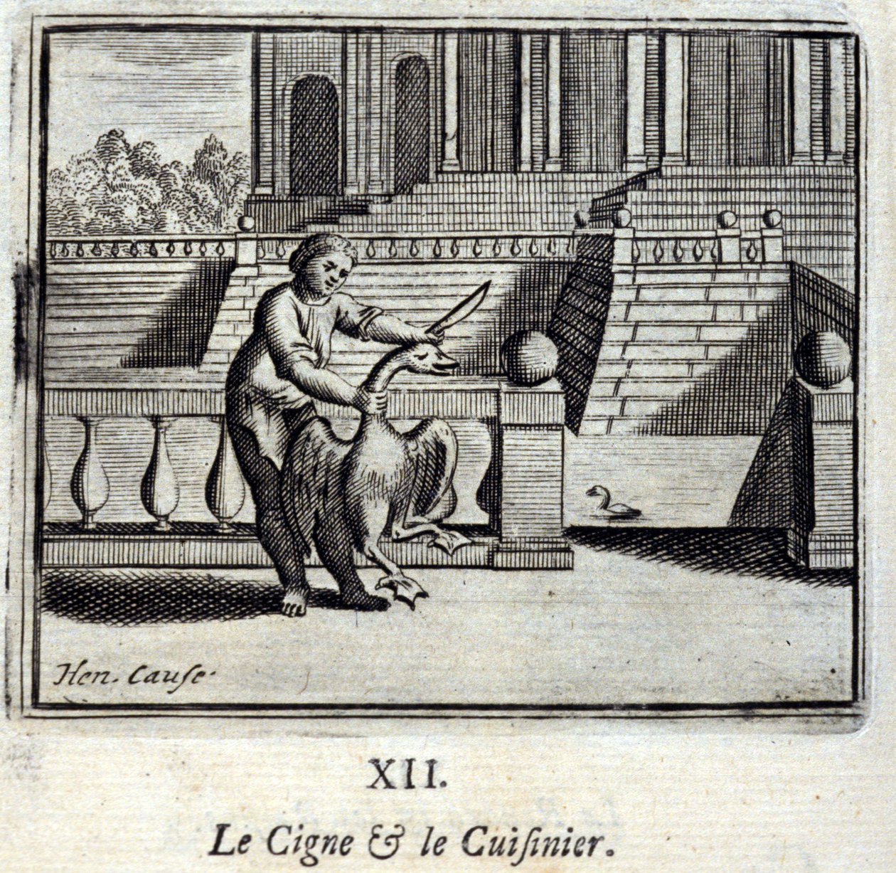 Svanen og Kokken. Fabler af Jean de La Fontaine (1621-95). Illustration af Francois Chauveau (1613-1676). Udgave af 1728. af Francois Chauveau