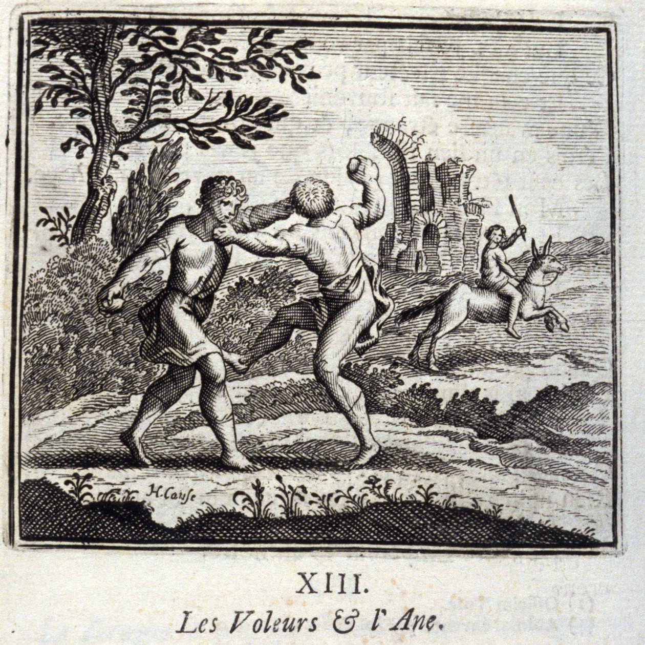 The Thieves and the Ane.Fables af Jean de La Fontaine (1621-95). Illustration af Francois Chauveau (1613-1676). Udgave af 1728. af Francois Chauveau