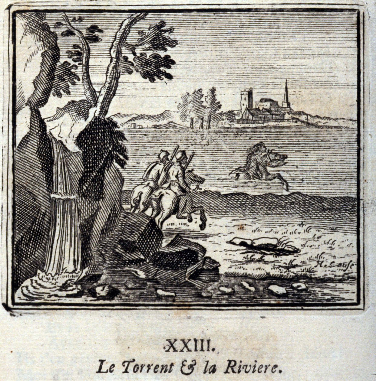 Torrent og Riviere. Fabler af Jean de La Fontaine (1621-95). Illustration af Francois Chauveau (1613-1676). Udgave af 1728. af Francois Chauveau