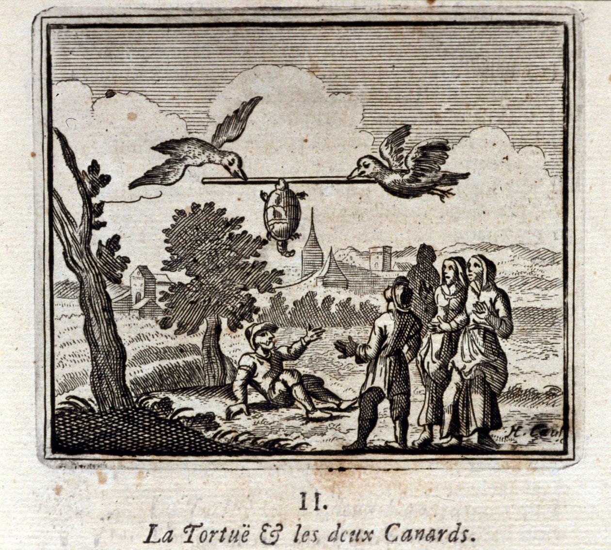 Skildpadden og de to ænder. Fabler af Jean de La Fontaine (1621-95). Illustration af François Chauveau (1613-1676). Udgave af 1728. af Francois Chauveau