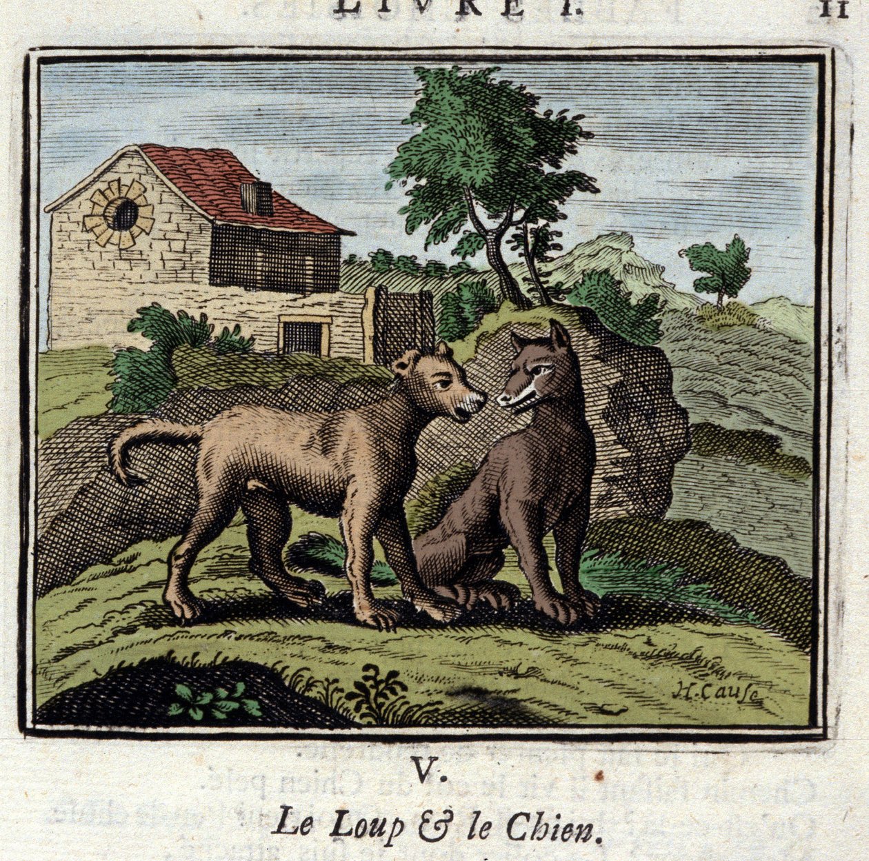 Ulven og Hunden. Fabler af Jean de La Fontaine (1621-1695). Illustration af Francois Chauveau (1613-1676). Udgave af 1728. af Francois Chauveau