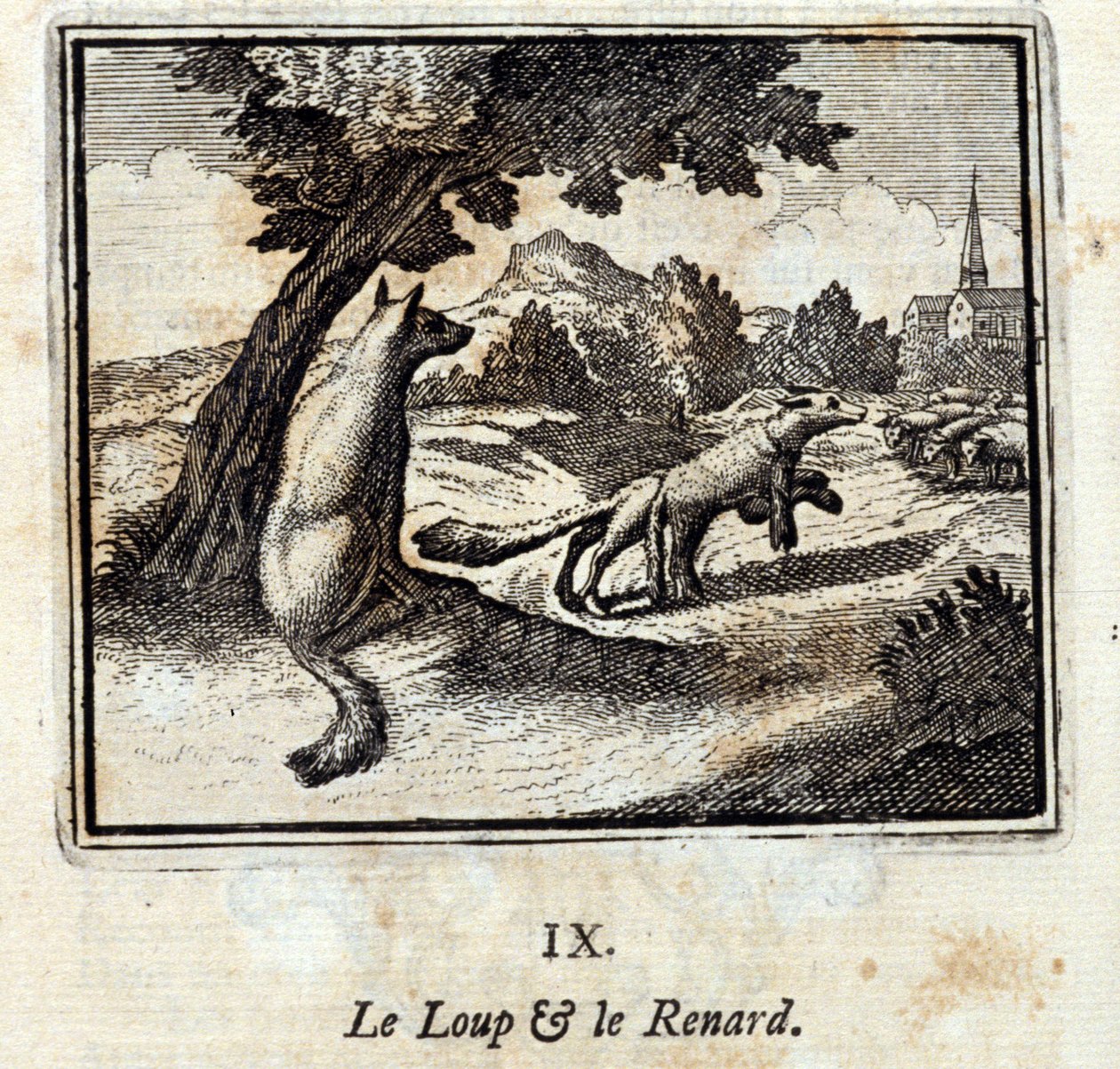 Ulven og ræven. Fabler af Jean de La Fontaine (1621-95). Illustrationer af François Chauveau (1613-1676). Udgave fra 1728. af Francois Chauveau