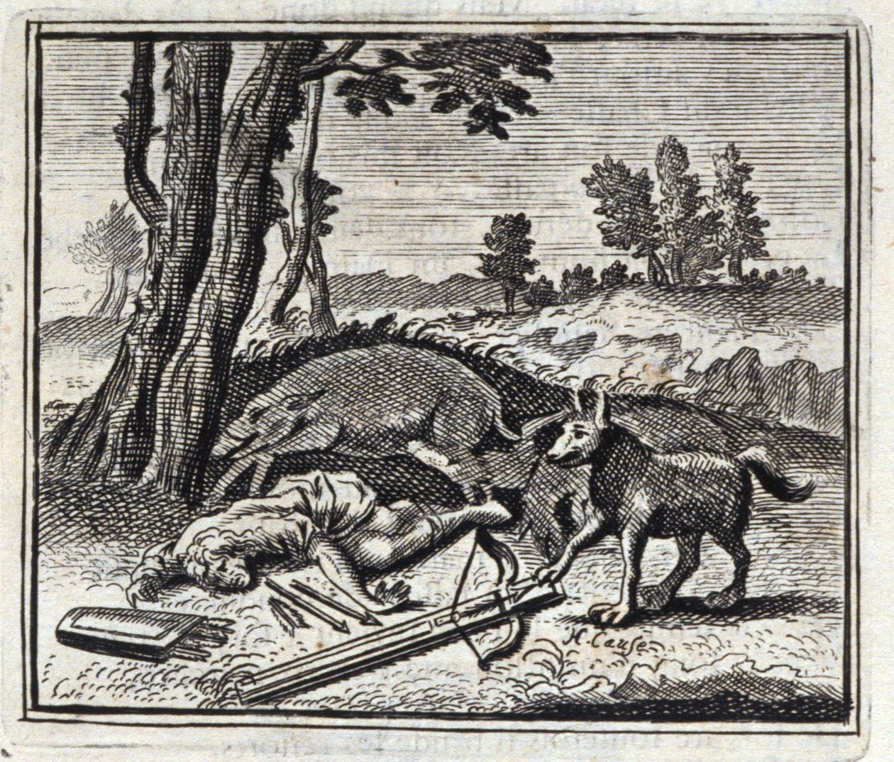Ulven og jægeren. Fabler af Jean de La Fontaine (1621-95). Illustration af François Chauveau (1613-1676). Udgave af 1728. af Francois Chauveau