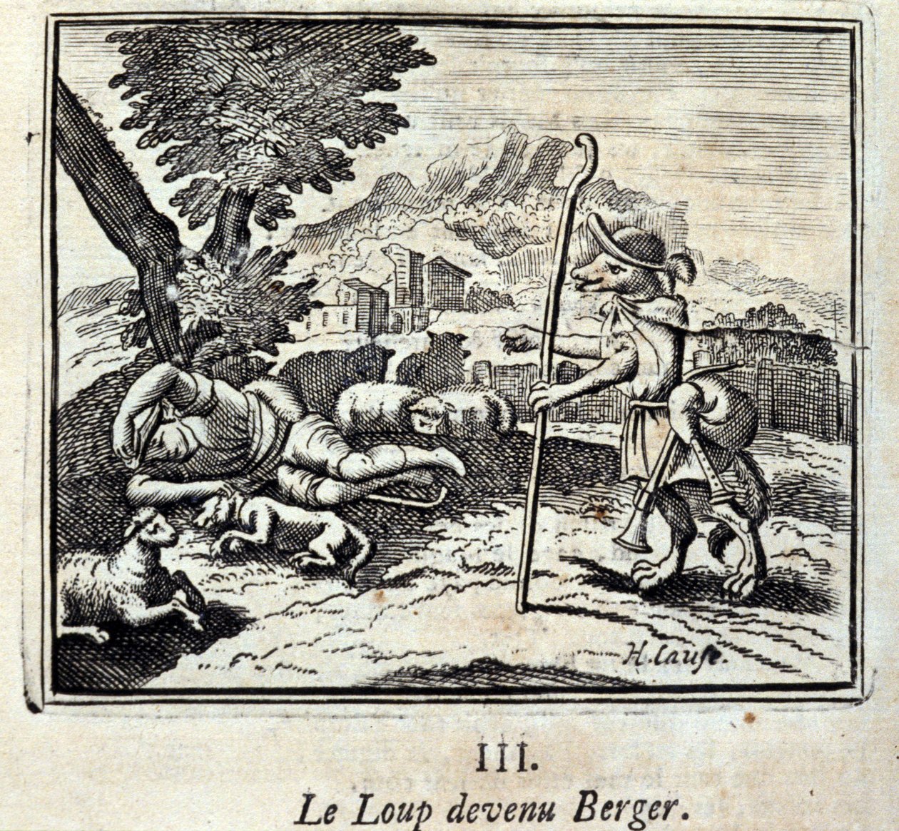 Ulven blev til Berger.Fables af Jean de La Fontaine (1621-95). Illustration af François Chauveau (1613-1676). Udgave af 1728. af Francois Chauveau