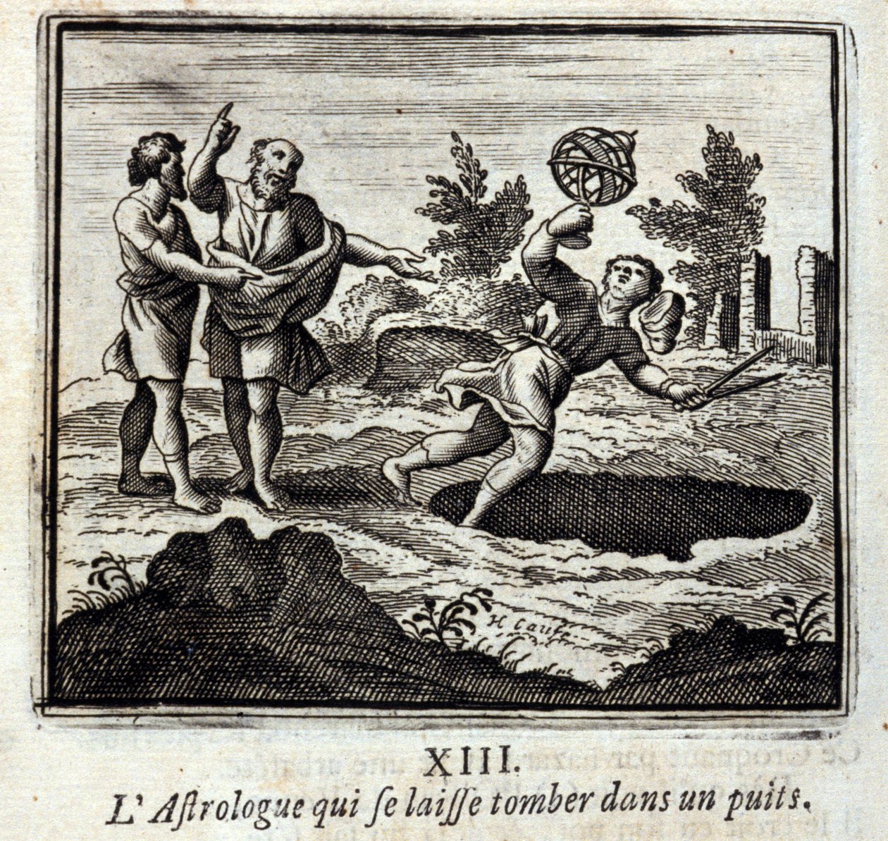 Astrologen, der falder ned i en brønd. Fabler af Jean de La Fontaine (1621-95). Illustration af François Chauveau (1613-1676). Udgave af 1728. af Francois Chauveau