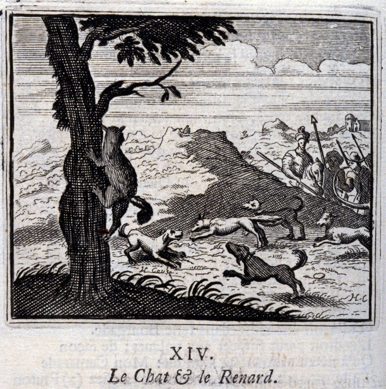 Katten og ræven. Fabler af Jean de La Fontaine (1621-95). Illustration af François Chauveau (1613-1676). Udgave af 1728. af Francois Chauveau