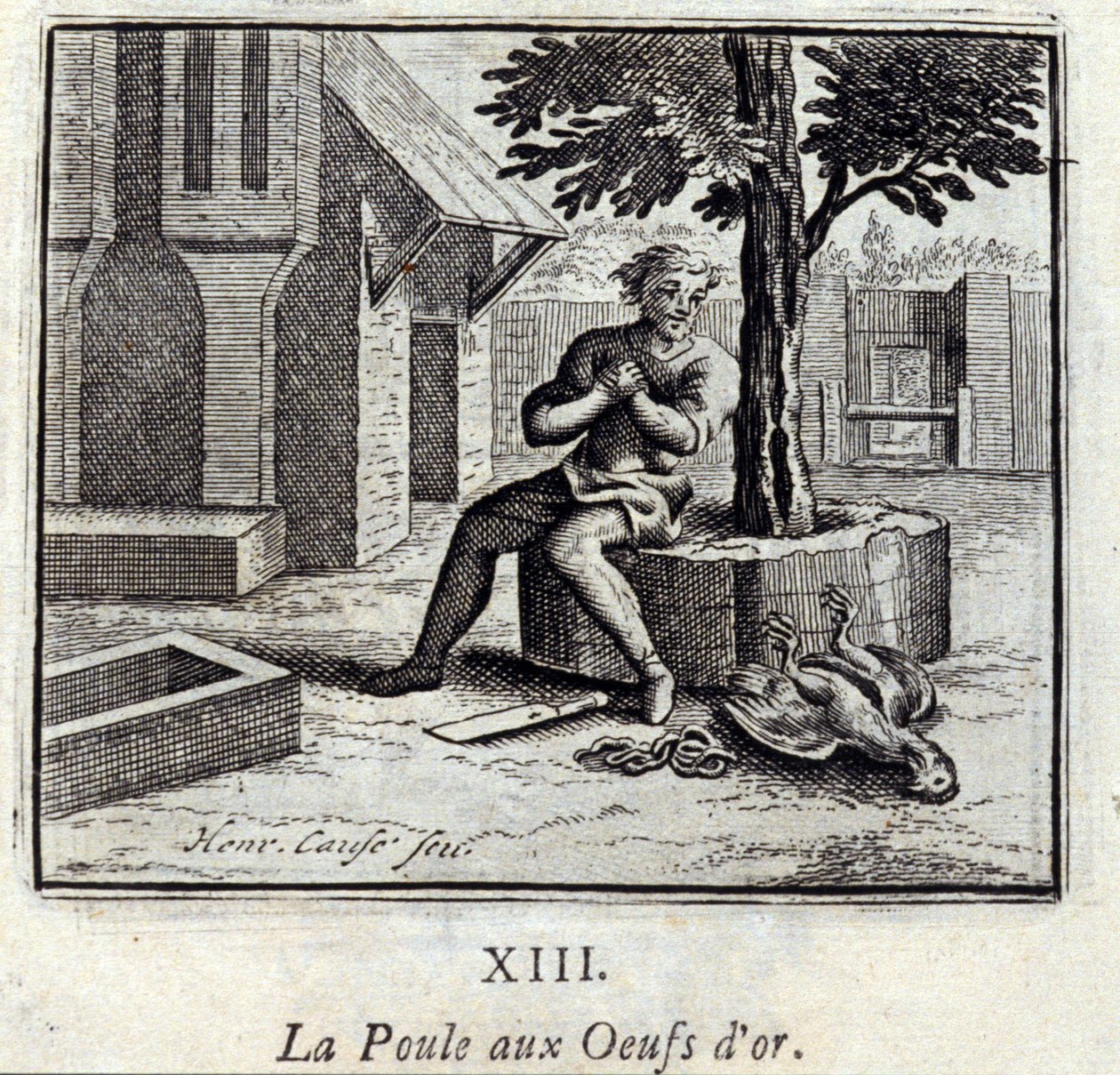 Kyllingen med gyldne æg. Fabler af Jean de La Fontaine (1621-95). Illustration af François Chauveau (1613-1676). Udgave af 1728. af Francois Chauveau