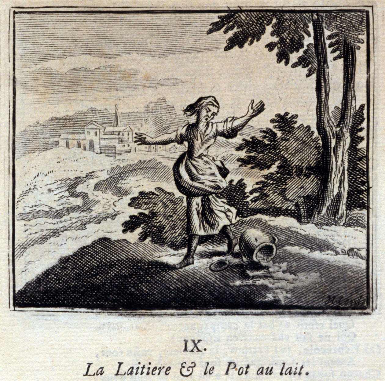 Mejeriet og mælkekrukken. Fabler af Jean de La Fontaine (1621-95). Illustration af François Chauveau (1613-1676). Udgave fra 1728. af Francois Chauveau
