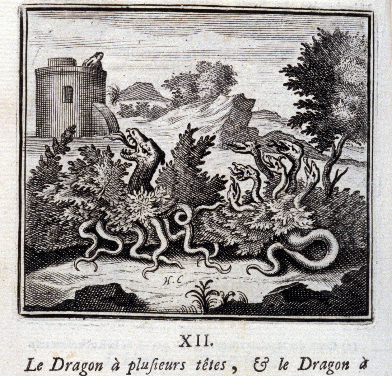 Dragen har flere hoveder og dragen har flere haler. Fabler af Jean de La Fontaine (1621-95). Illustration af François Chauveau (1613-1676). Udgave af 1728. af Francois Chauveau