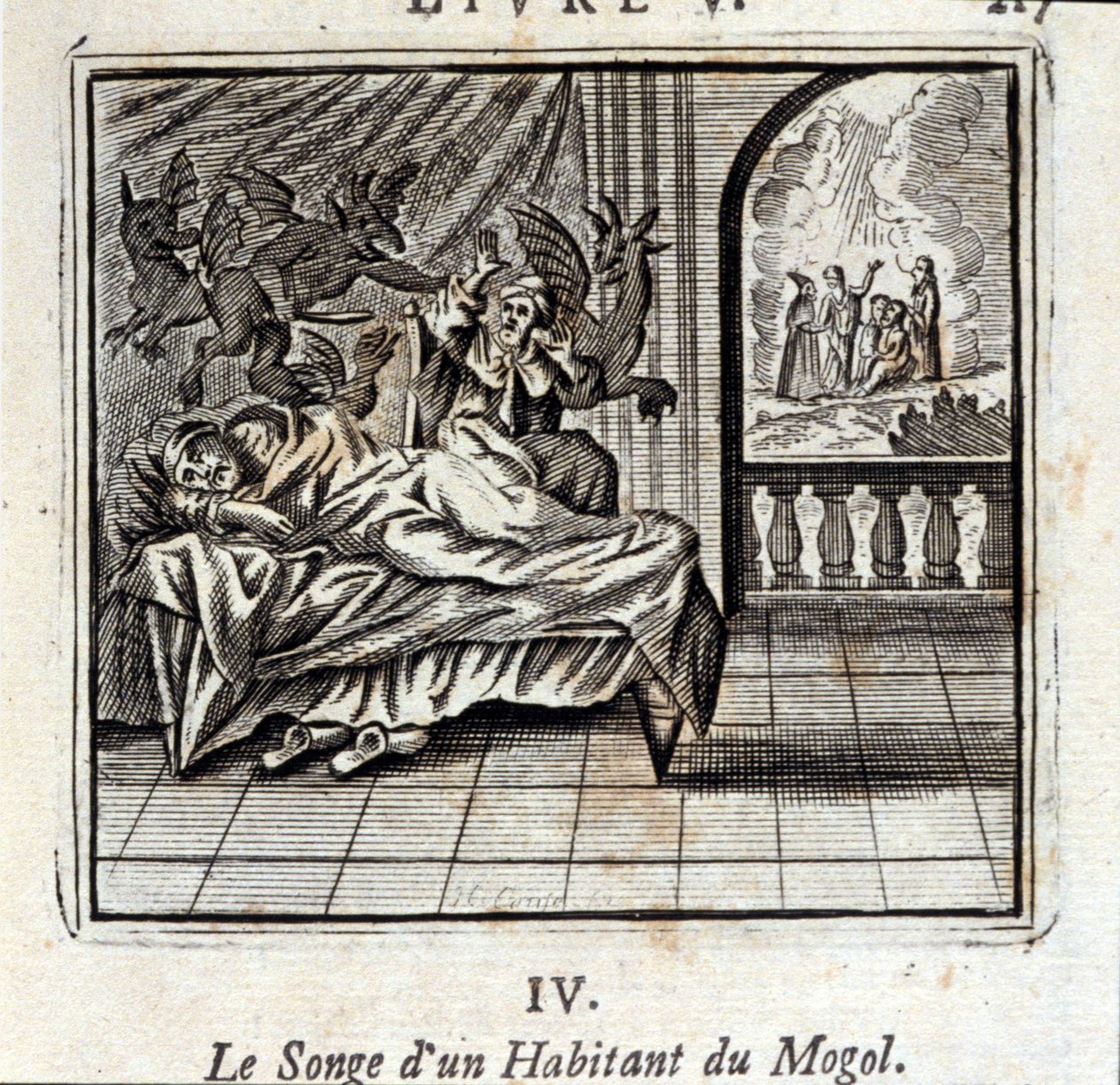 Drømmen om en mogul-beboer. Fabler af Jean de La Fontaine (1621-95). Illustration af Francois Chauveau (1613-1676). Udgave af 1728. af Francois Chauveau
