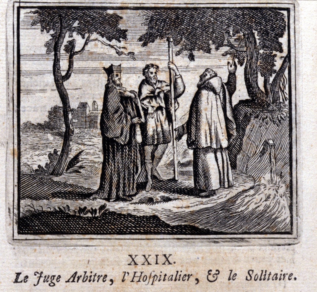 Dommeren dømmer Hospitaller og Solitaire. Fabler af Jean de La Fontaine (1621-95). Illustration af Francois Chauveau (1613-1676). Udgave af 1728. af Francois Chauveau