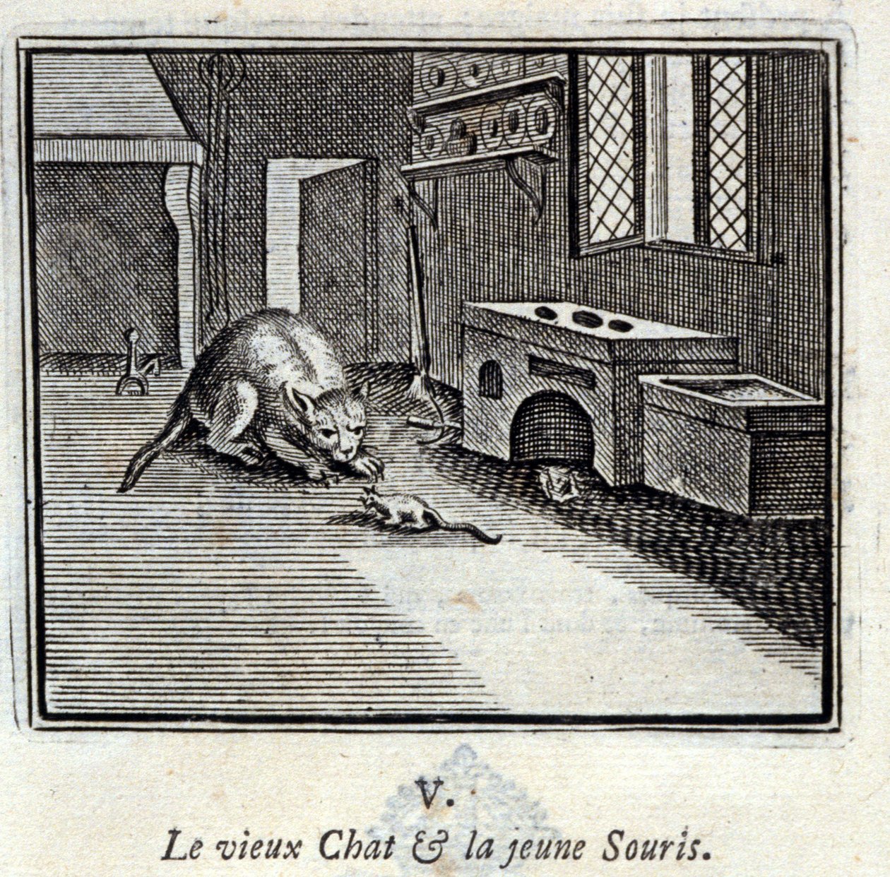 Den gamle kat og den unge mus. Fabler af Jean de La Fontaine (1621-95). Illustration af François Chauveau (1613-1676). Udgave af 1728. af Francois Chauveau