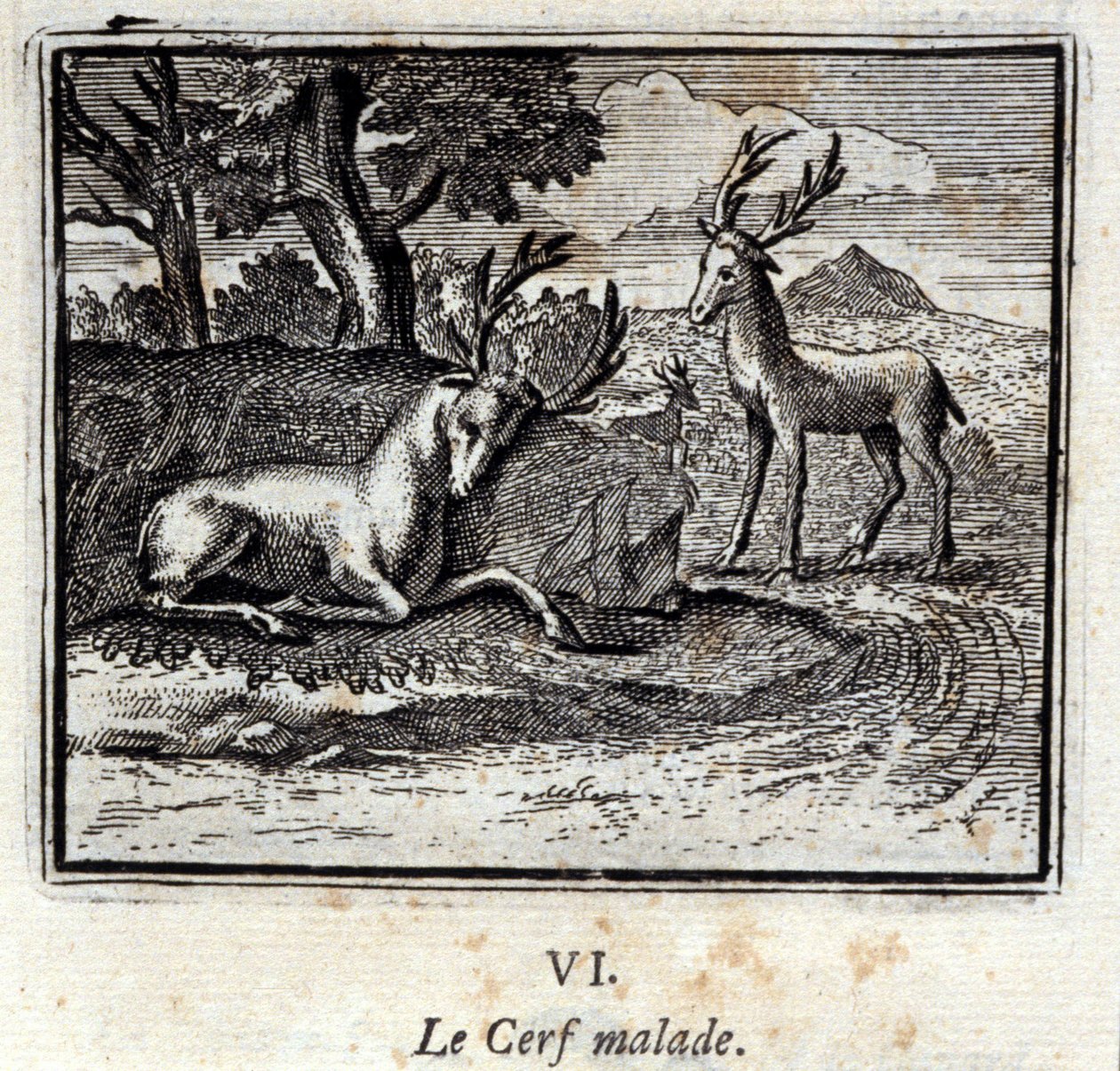 Det syge rådyr. Fabler af Jean de La Fontaine (1621-95). Illustration af François Chauveau (1613-1676). Udgave af 1728. af Francois Chauveau