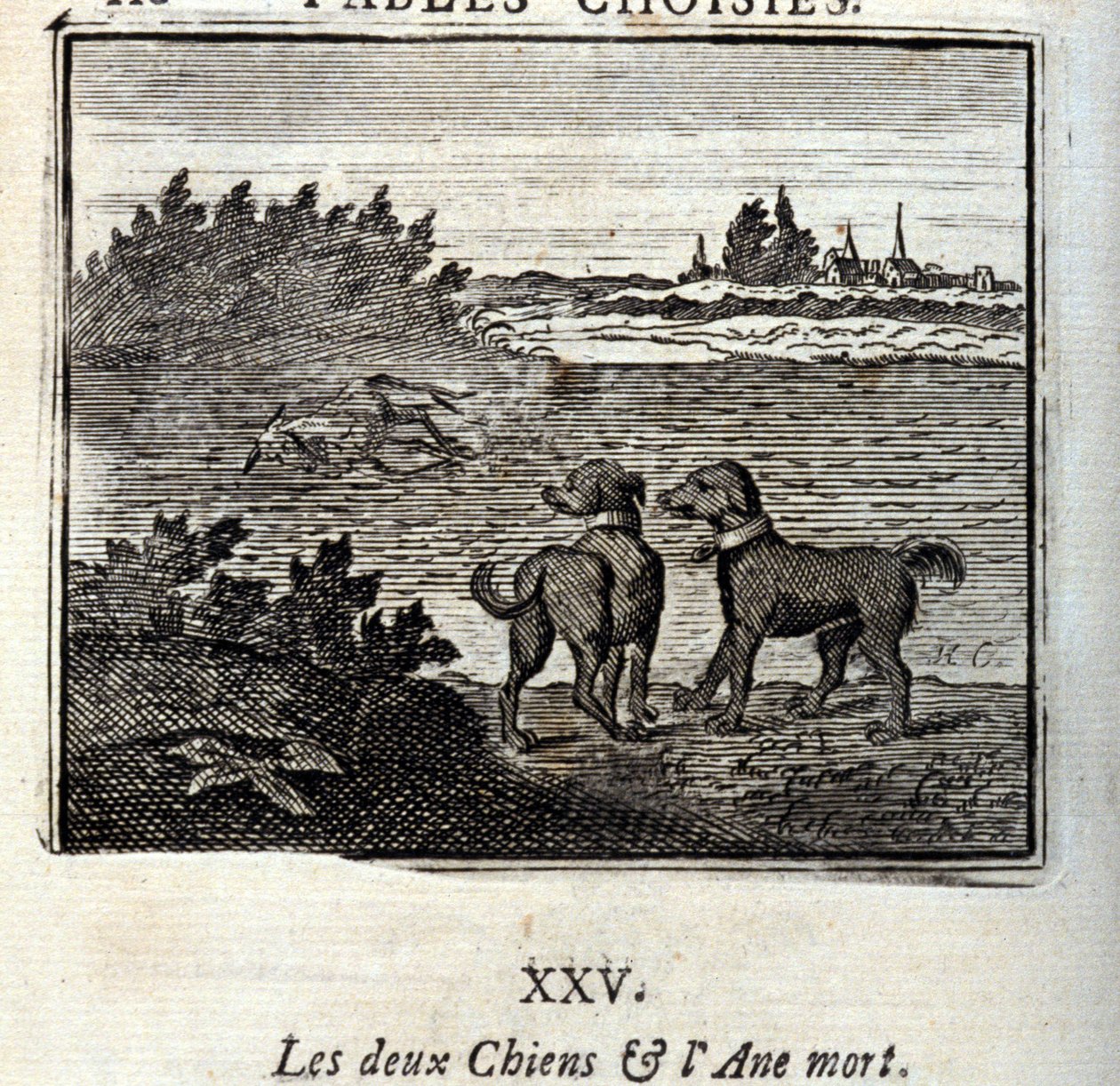 De to hunde og det døde æsel. Fabler af Jean de La Fontaine (1621-95). Illustration af François Chauveau (1613-1676). Udgave af 1728. af Francois Chauveau