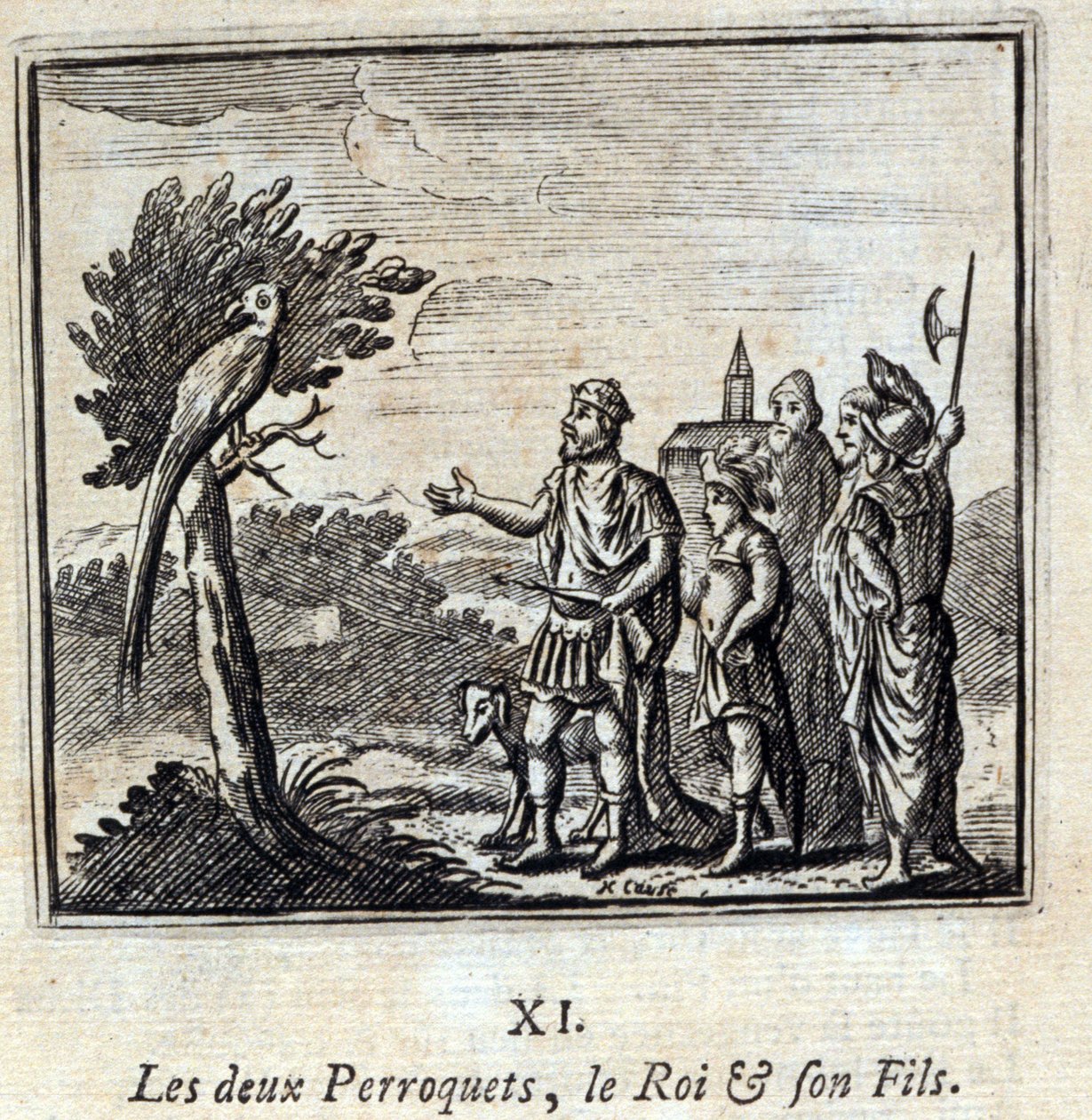 De to papegøjer kongen og hans søn. Fabler af Jean de La Fontaine (1621-95). Illustration af François Chauveau (1613-1676). Udgave af 1728. af Francois Chauveau