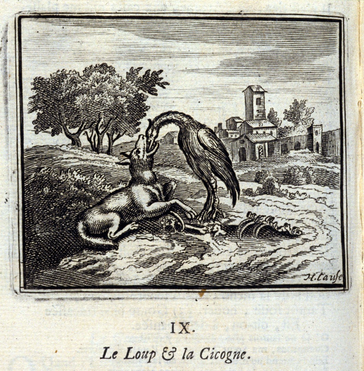 Ulven og storken. Fabler af Jean de La Fontaine (1621-95). Illustration af François Chauveau (1613-1676). Udgave af 1728. af Francois Chauveau