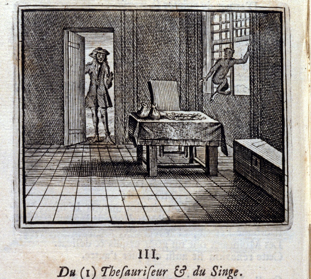 Tesaurizer og abe. Fabler af Jean de La Fontaine (1621-95). Illustration af François Chauveau (1613-1676). Udgave af 1728. af Francois Chauveau