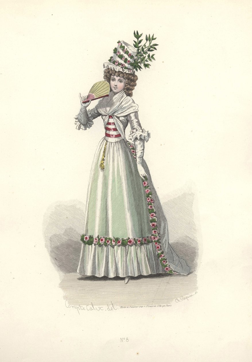 Kvinde i blomstertrimmet outfit, Marie Antoinettes æra. af Francois Claudius Compte Calix