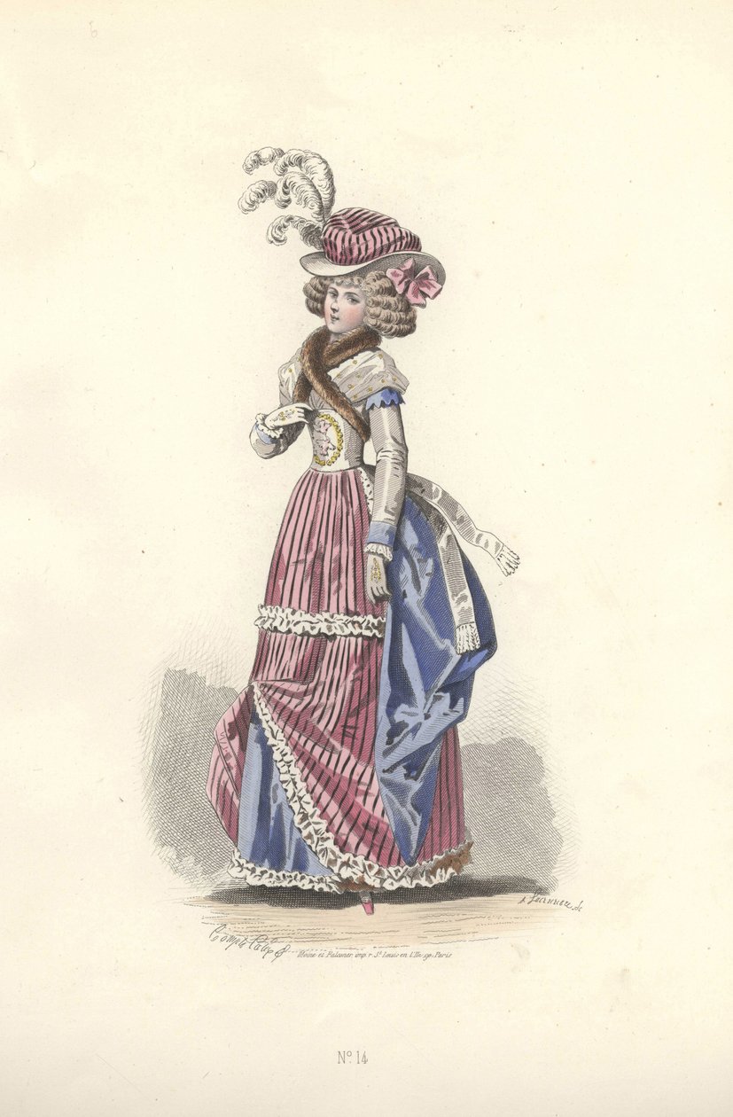 Kvinde i trefarvet outfit, Marie Antoinettes æra. af Francois Claudius Compte Calix