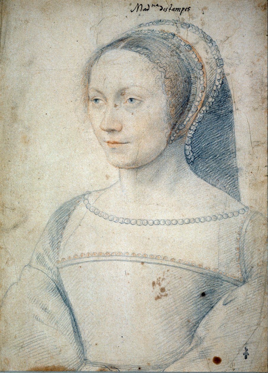 Portræt af Anne de Pisseleu, hustru til Jean de Brush, hertuginde af Etampes (1508 - 1576). Tegning med sort sten og blod af Francois Clouet (1515-1572) af François Clouet