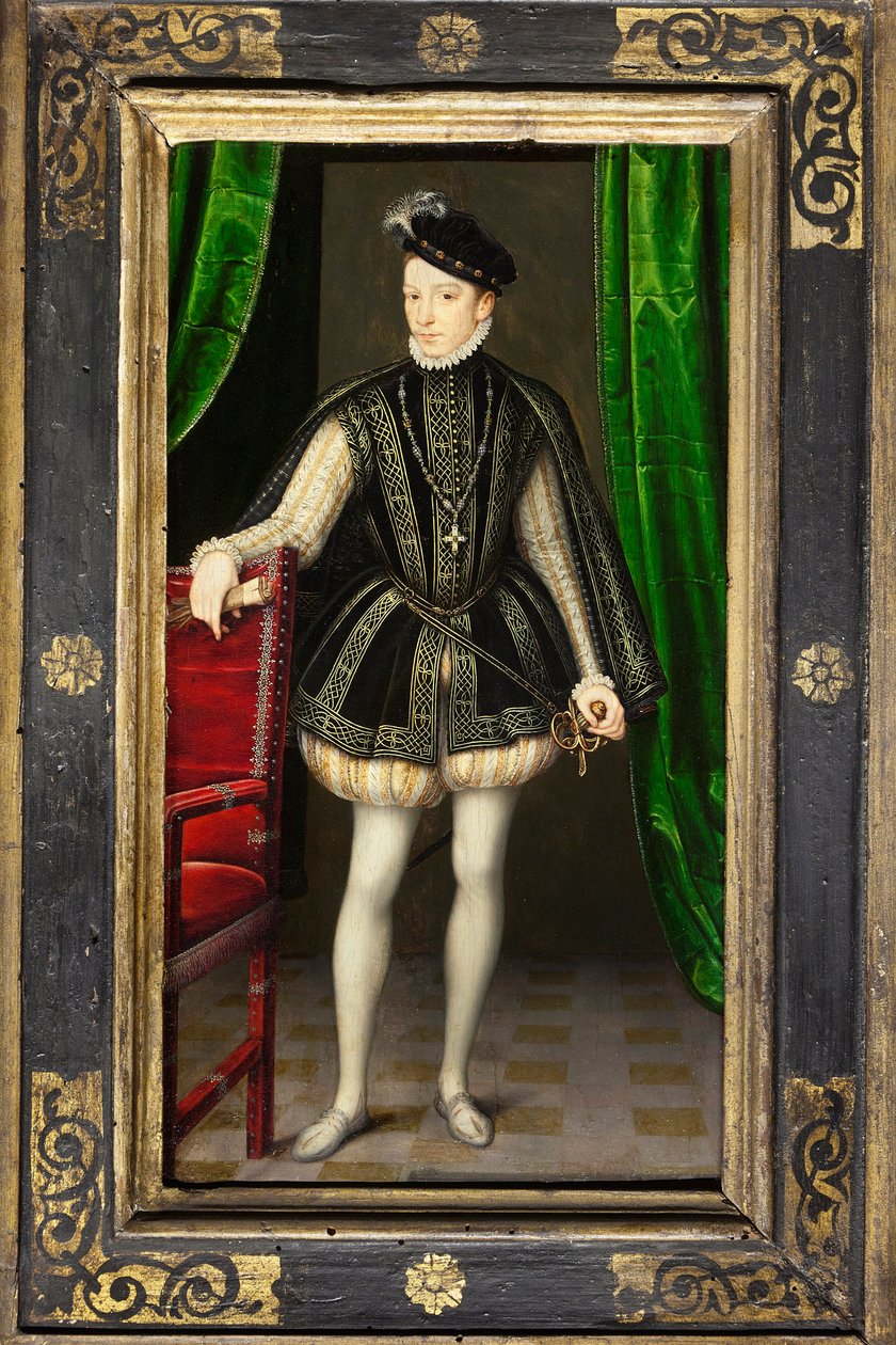 Portræt af Charles IX (1550-1574), anden søn af Henrik II og Catherine de Medicis, konge af Frankrig ved sin brors død i Francois II (1544-1560), gift i 1570 med Elizabeth af Østrig (1554-1592), Hans regne er præget af religionskrigene og th af François Clouet