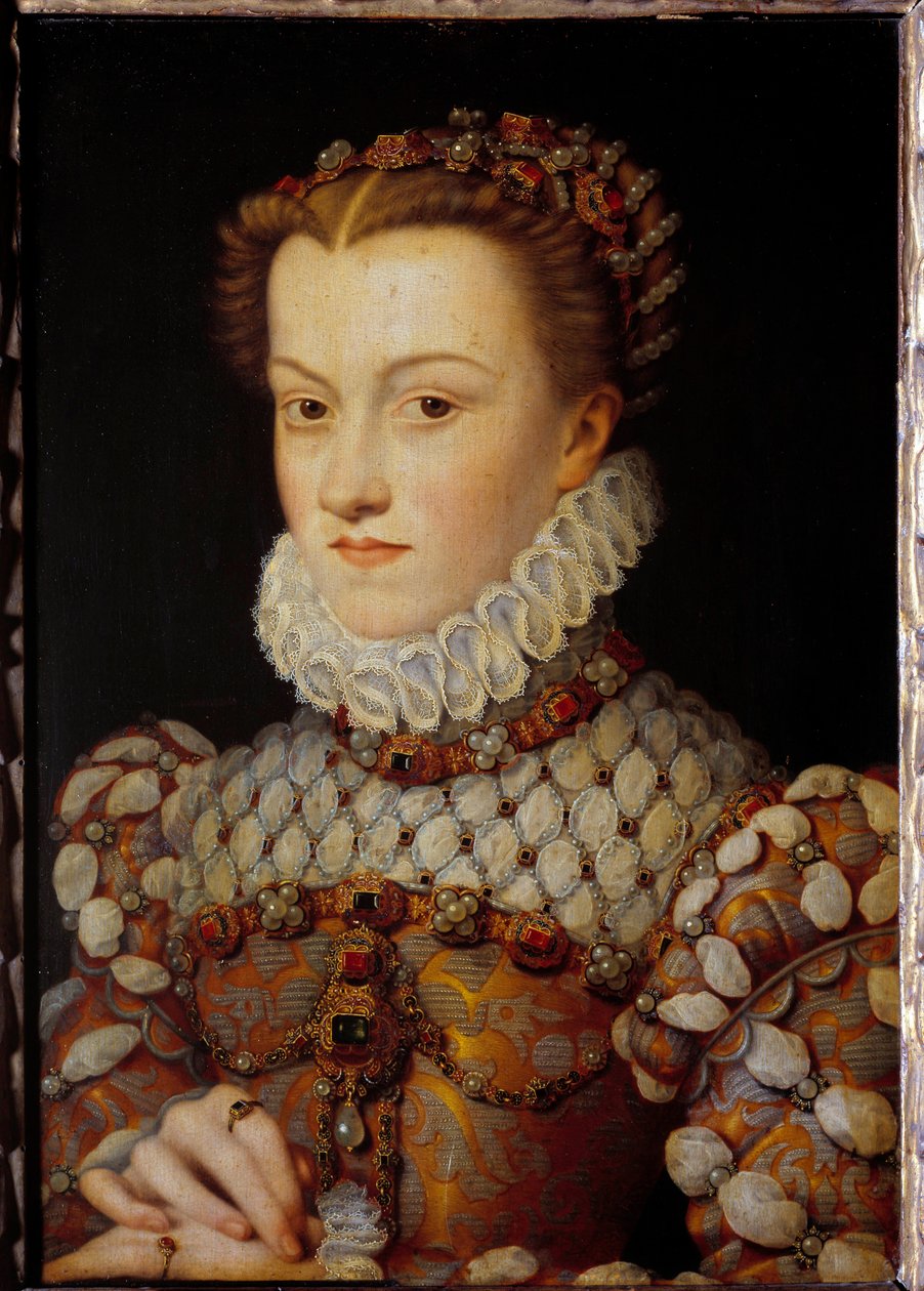 Portræt af Elisabeth af Østrig (1554-1592) Dronning af Frankrig, kone til Karl IX. Maleri af Francois Clouet (1515-1572) omkring 1571 Søn. 0,36x0,26 m - Portræt af Elisabeth af Østrig (1554-1592), dronning af Frankrig, kone til Karl IX. Maleri af Francois  af François Clouet