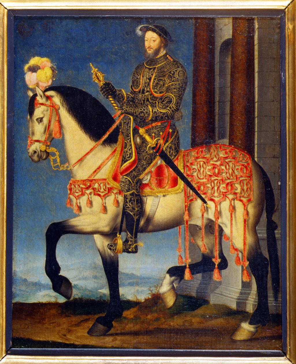 Portræt af Francois I til hest af François Clouet (ca. 1510 - 1572). Musee des Uffizi, Firenze - Rideportræt af Frans I af Frankrig (olie på panel) af François Clouet