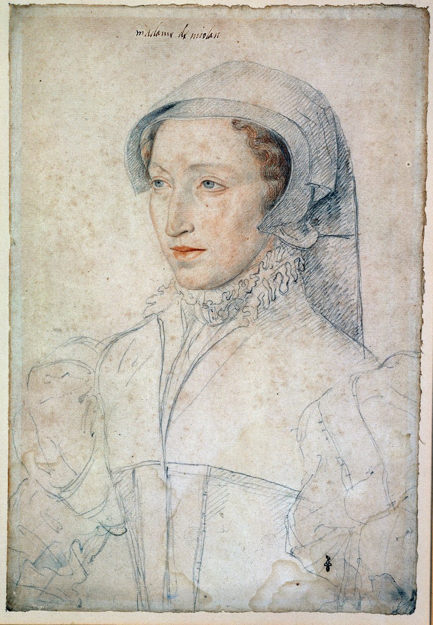 Portræt af Francoise Mareschal af Parc-damen af ​​Mitte-de-Miolans, hustru til Johannes III af Miolans (ca. 1520-1575). Æresfrue af Catherine de Medici. Tegning med sort sten og blod af Francois Clouet (1515). af François Clouet