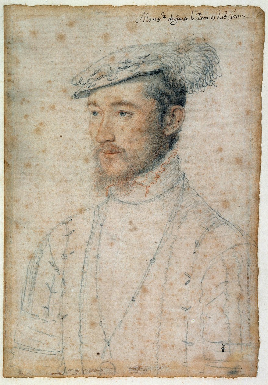 Portræt af François de Lorraine, hertug af Guise (1520 - 1563). Tegning af blod og sort sten af Clouet Francois (1515-1572) af François Clouet