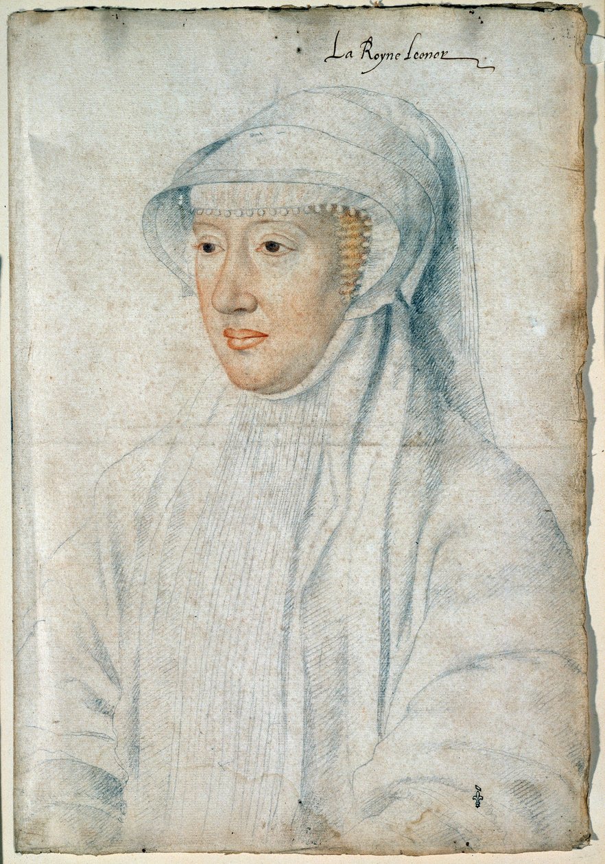 Portræt af dronning Eleonore af Habsburg (1498-1558), anden hustru til Francois I. Tegning med sort sten og blod af Francois Clouet (1515-1572) af François Clouet
