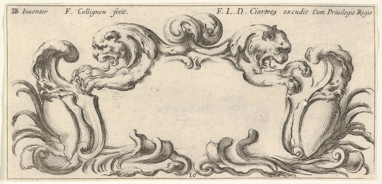Plade 10: en kartouche med hovedet af to løver i profil til venstre og højre i t..., ca. 1640-45. af Francois Collignon