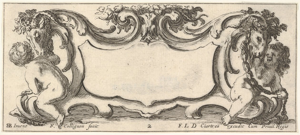 Plade 2: en kartouche med et barn set bagfra til venstre og et barn set fra ..., ca. 1640-45. af Francois Collignon