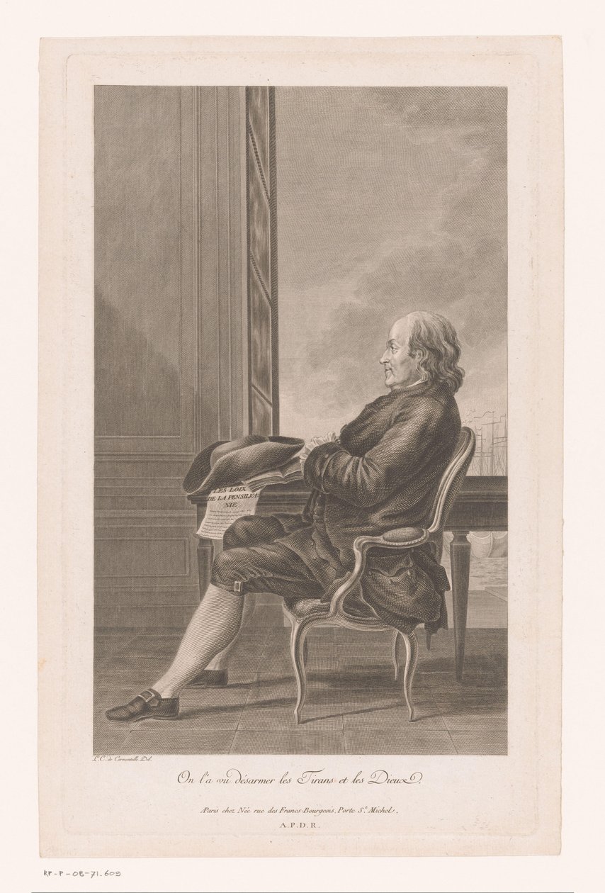 Portræt af Benjamin Franklin og profil siddende på en stol af Francois Denis Nee