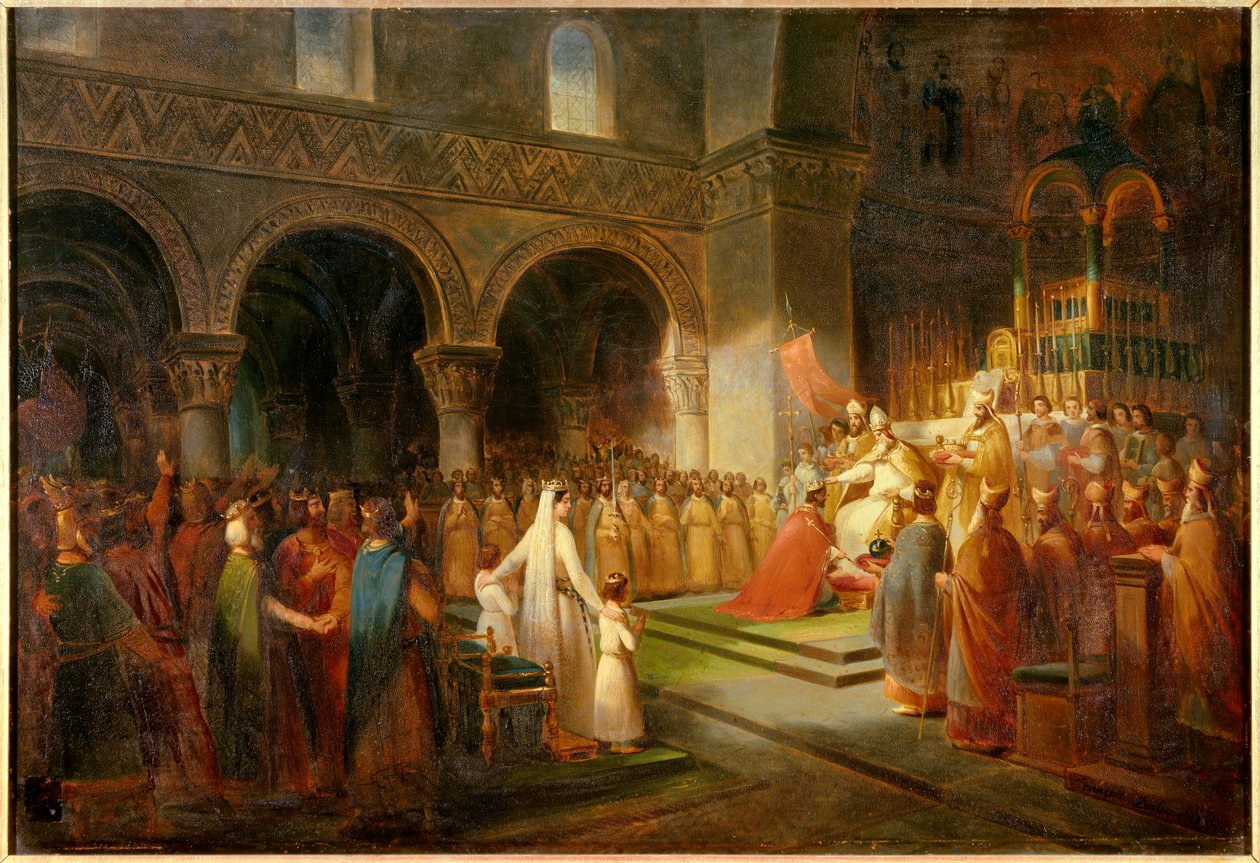 Sacred Pepin the Brief af pave Stephen II i Saint Denis Abbey den 28. juli 754. Maleri af Dubois Francois (1790-1871). 1837, 0,62 x 0,91 m. Versailles, Chateaux de Versailles et de Trianon - Sacre of Pepin the Short af pave Stephen II ved Ab af Francois Dubois