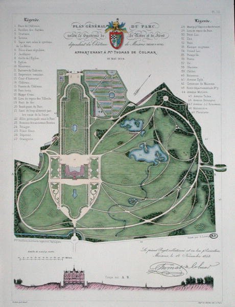 Generel plan for haven til Chateau de Maisons tilhørende Thomas de Colmar, indgraveret af G. Lorsignol af Francois Duvillers