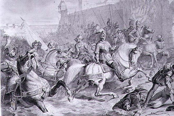 The Take of Calais af Frans, 2. hertug af Guise (1519-63) i 1558, indgraveret af Amedee Felix Barthelemy Geilee (1802-43) (gravering) af Francois Edouard (after) Picot