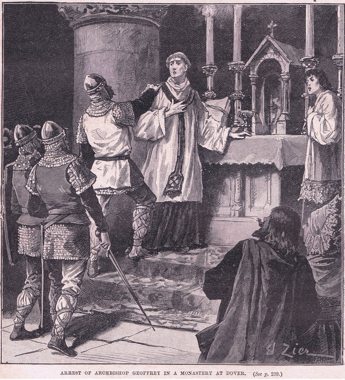 Arrestation af ærkebiskop Geoffrey i et kloster i Dover 1191 e.Kr. af Francois Edouard Zier