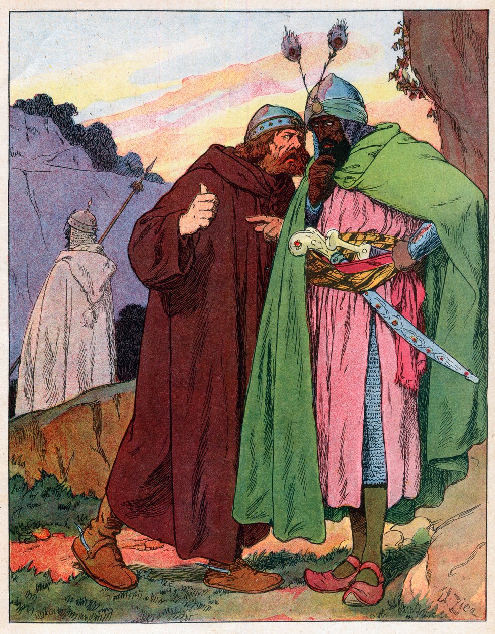 Ganelon rapporterer kejser Karl den Stores (742-814) ord til fjenden (Song de Roland) (Matter of France) - Illustration af Francois Zier (1856-1924) taget fra "" Nos-Gloriers-Nationales" omkring 1920 af Francois Edouard Zier